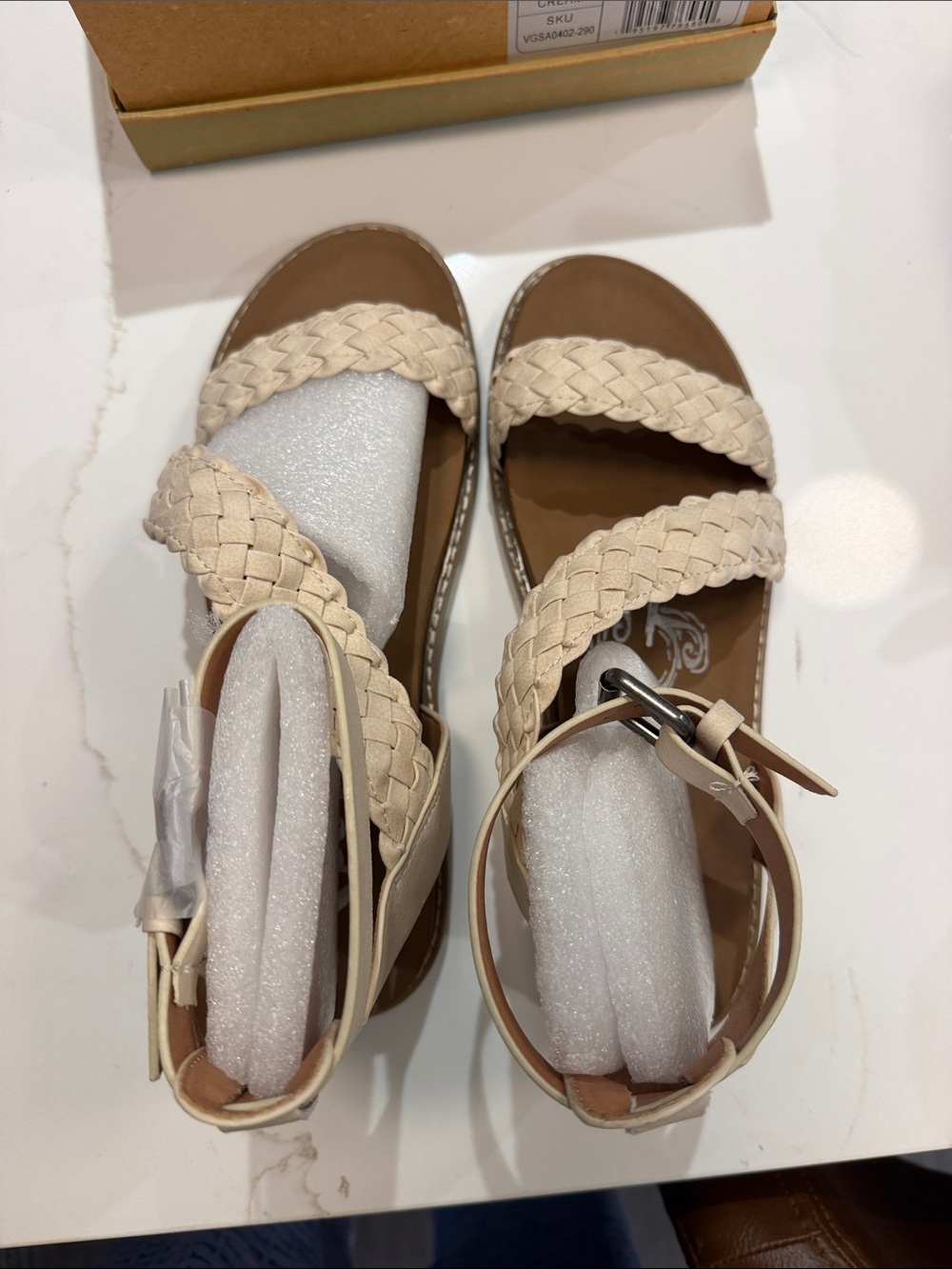 Very G Braided Strap Ankle-Wrap Sandals in Light Beige